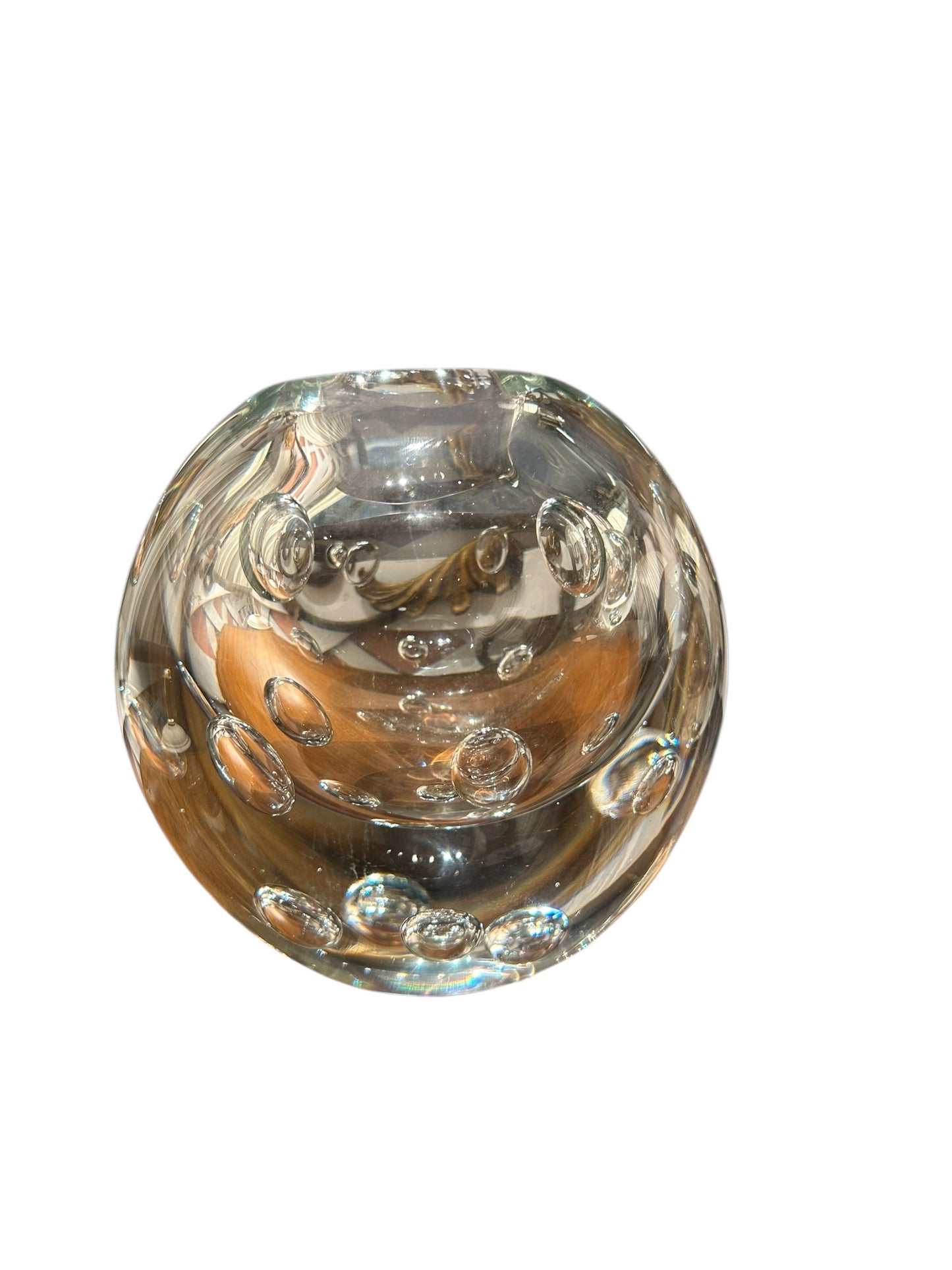 Clear glass sphere vase with controlled bubbles, viewed from another angle