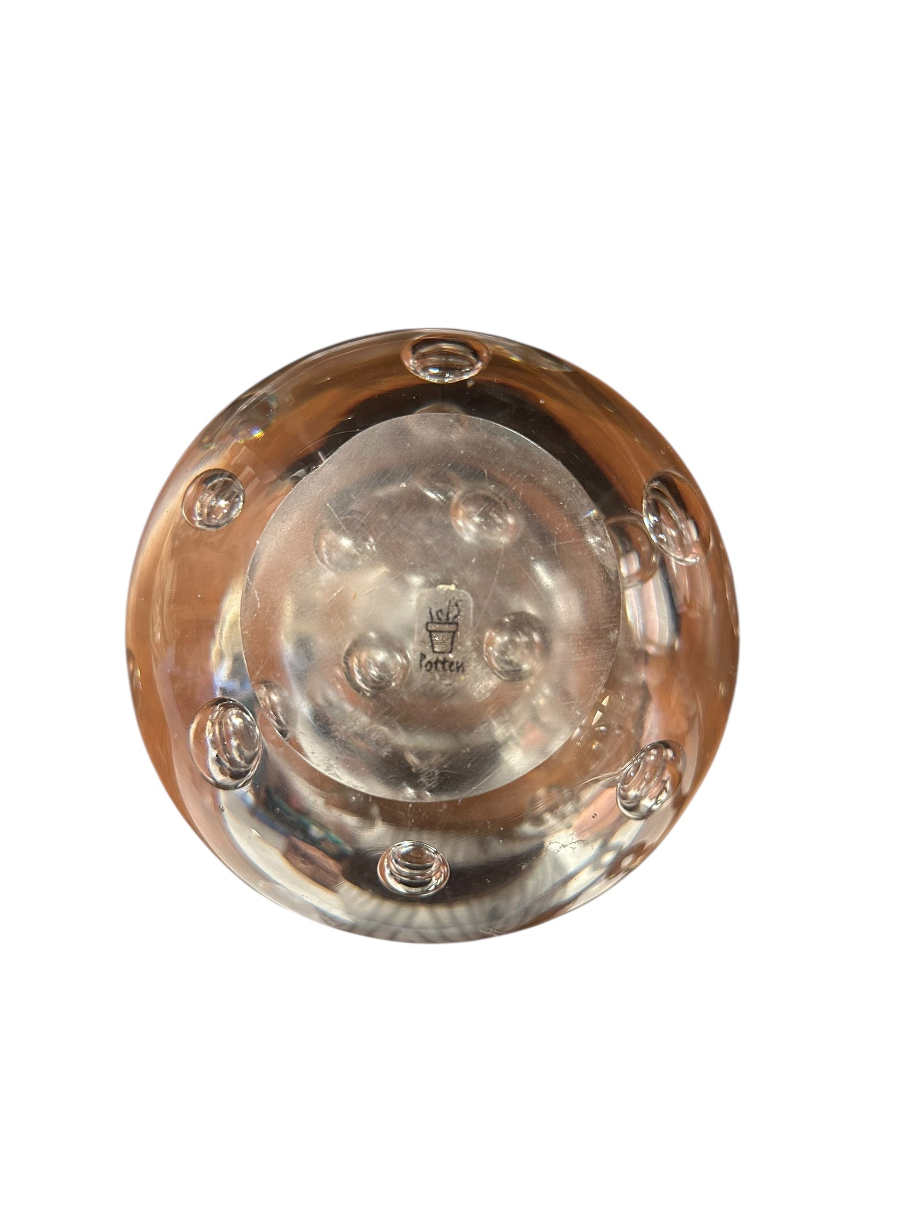 Underside of the glass sphere vase showing the etched flowerpot maker's mark