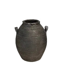 Full view of the ovoid ribbed pinched ceramic vase with small lug handles
