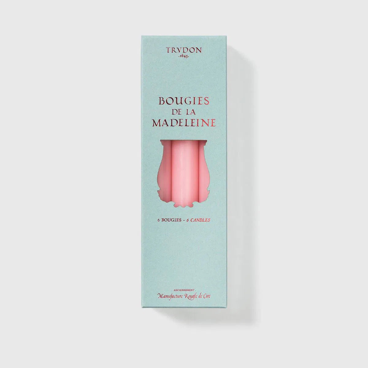 Pale aqua Trudon Madeleine box showing soft rose pink taper candles, six count
