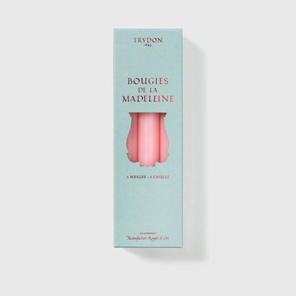 Pale aqua Trudon Madeleine box showing soft rose pink taper candles, six count