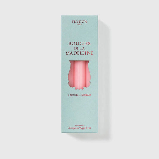 Trudon Madeleine gift box in pale aqua holding six soft rose pink taper candles