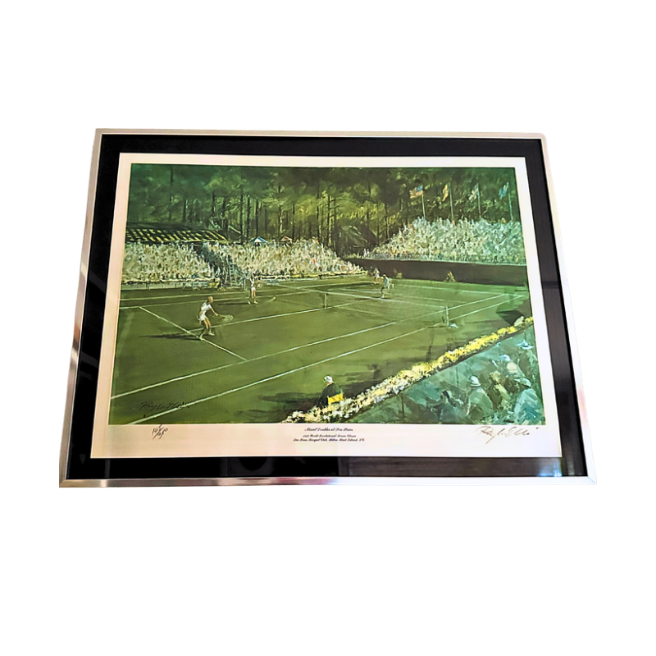 Vintage Tennis Print 'Mixed Doubles at Sea Pines' in silver float frame, angled view of grass-court doubles match