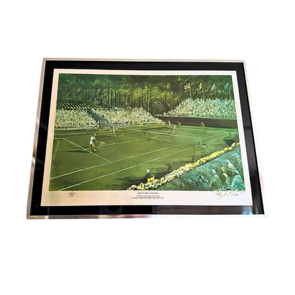 Vintage Tennis Print 'Mixed Doubles at Sea Pines' in silver float frame, angled view of grass-court doubles match