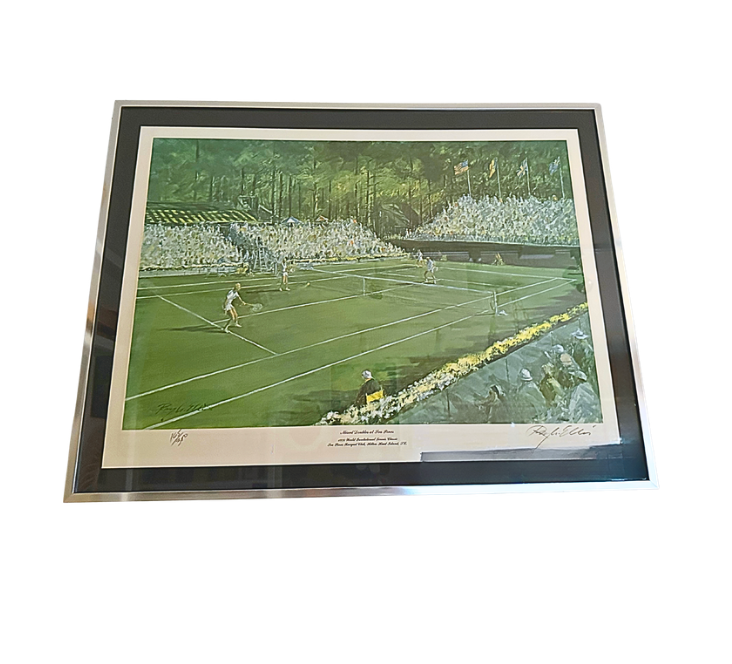 Vintage Tennis Print 'Mixed Doubles at Sea Pines', front view of framed grass-court scene with players and crowd
