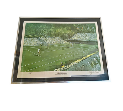 Vintage Tennis Print 'Mixed Doubles at Sea Pines', front view of framed grass-court scene with players and crowd