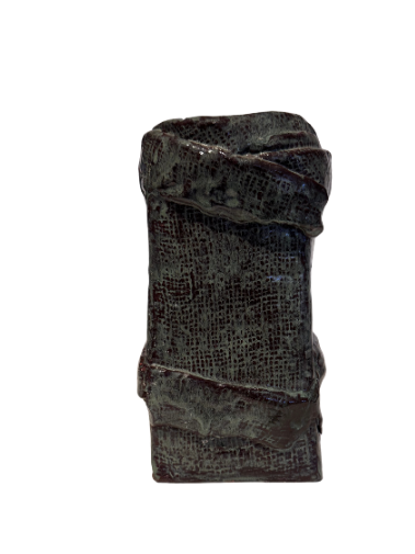 Vintage rectangular ceramic vase with a dark greenish-gray and burgundy glaze, textured crosshatched surface, and raised ceramic bands wrapping around the body. Features an irregular square opening, glossy interior, and unglazed reddish-brown base with an incised maker's mark