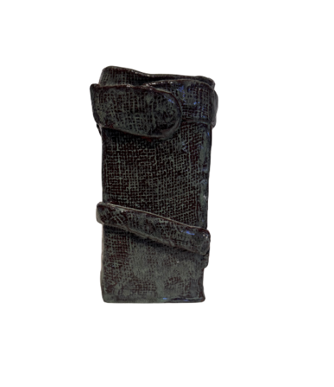 Vintage rectangular ceramic vase with a dark greenish-gray and burgundy glaze, textured crosshatched surface, and raised ceramic bands wrapping around the body. Features an irregular square opening, glossy interior, and unglazed reddish-brown base with an incised maker's mark