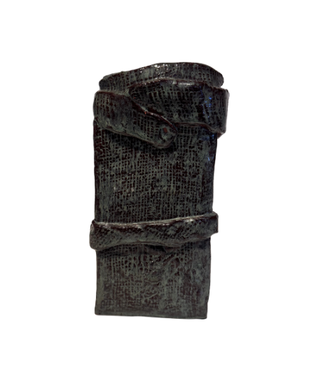 Vintage rectangular ceramic vase with a dark greenish-gray and burgundy glaze, textured crosshatched surface, and raised ceramic bands wrapping around the body. Features an irregular square opening, glossy interior, and unglazed reddish-brown base with an incised maker's mark