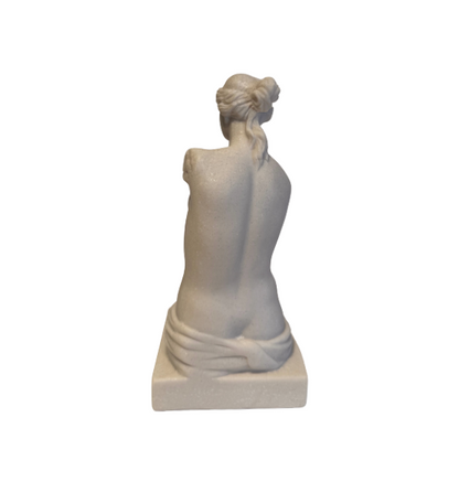 Off-white classical Venus de Milo sculpture depicting a female figure with wavy hair arranged in a bun, a softly detailed face, an armless torso, and draped fabric around the hips. The sculpture stands on a rectangular base with subtle speckling and minor surface discoloration.