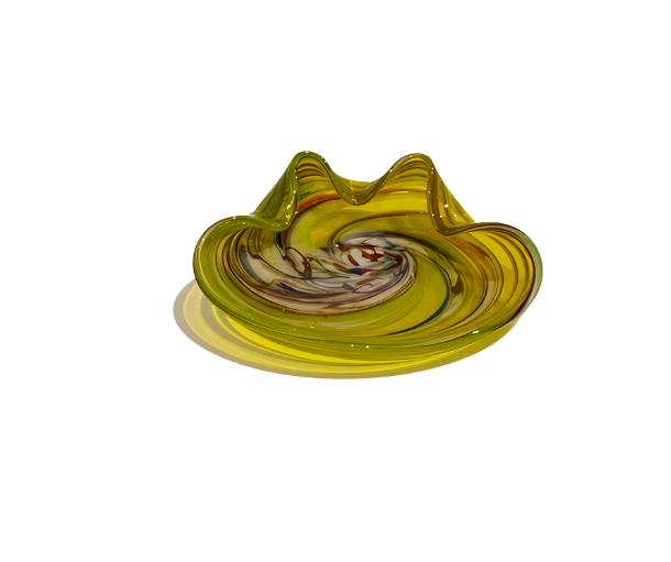 Vintage translucent yellow art glass bowl with a sculptural folded rim and multicolored spiral design featuring white, amber, red, blue, and brown swirls.