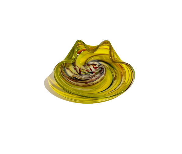 Vintage translucent yellow art glass bowl with a sculptural folded rim and multicolored spiral design featuring white, amber, red, blue, and brown swirls.