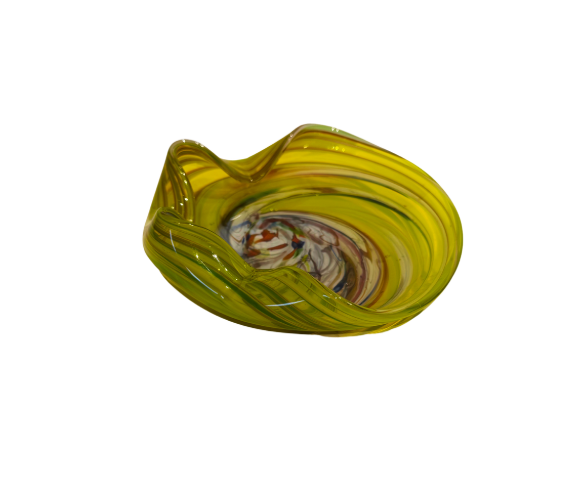 Vintage translucent yellow art glass bowl with a sculptural folded rim and multicolored spiral design featuring white, amber, red, blue, and brown swirls.