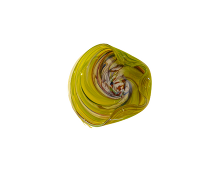 Vintage translucent yellow art glass bowl with a sculptural folded rim and multicolored spiral design featuring white, amber, red, blue, and brown swirls.