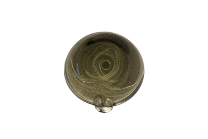 Vintage smoky gray-green glass ashtray with a rounded bowl, evenly spaced controlled bubbles, dark glass rim, and a single clear sculptural cigarette rest.