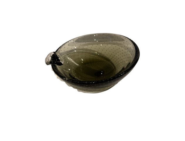Vintage smoky gray-green glass ashtray with a rounded bowl, evenly spaced controlled bubbles, dark glass rim, and a single clear sculptural cigarette rest.