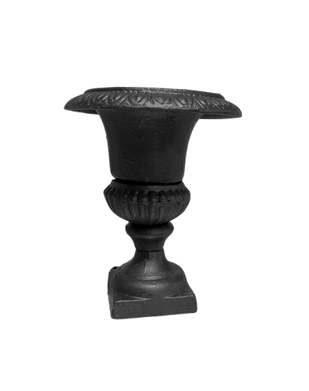 Small black cast iron Neoclassical-style urn featuring a wide flared rim with raised decorative detailing, a tapered body, ribbed lower section, and a stepped square pedestal base. Measures 4.25 inches in diameter and 5 inches tall