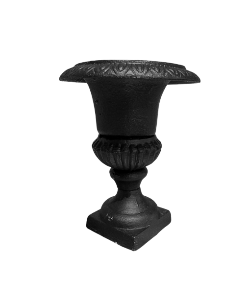 Small black cast iron Neoclassical-style urn featuring a wide flared rim with raised decorative detailing, a tapered body, ribbed lower section, and a stepped square pedestal base. Measures 4.25 inches in diameter and 5 inches tall