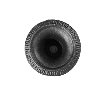 Small black cast iron Neoclassical-style urn featuring a wide flared rim with raised decorative detailing, a tapered body, ribbed lower section, and a stepped square pedestal base. Measures 4.25 inches in diameter and 5 inches tall. Top View