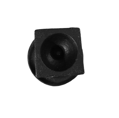 Small black cast iron Neoclassical-style urn featuring a wide flared rim with raised decorative detailing, a tapered body, ribbed lower section, and a stepped square pedestal base. Measures 4.25 inches in diameter and 5 inches tall. bottom view