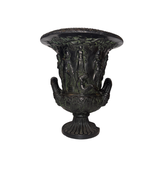 Front View, Black faux-bronze Neoclassical Medici urn with green patina accents, measuring 11 inches tall and 9 inches in diameter. The Campana-shaped vessel features a wide flared rim with egg-and-dart detailing, raised Greco-Roman figures in various poses, grapevine and leaf borders, and two reeded loop handles with bearded mask decorations. An intricate floral and acanthus leaf design surrounds the lower bowl, which rests on a fluted circular pedestal base.