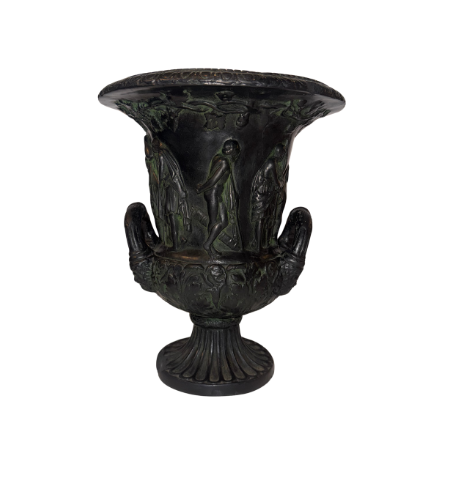 Back View, Black faux-bronze Neoclassical Medici urn with green patina accents, measuring 11 inches tall and 9 inches in diameter. The Campana-shaped vessel features a wide flared rim with egg-and-dart detailing, raised Greco-Roman figures in various poses, grapevine and leaf borders, and two reeded loop handles with bearded mask decorations. An intricate floral and acanthus leaf design surrounds the lower bowl, which rests on a fluted circular pedestal base.