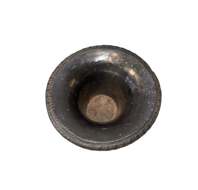 Top View, Black faux-bronze Neoclassical Medici urn with green patina accents, measuring 11 inches tall and 9 inches in diameter. The Campana-shaped vessel features a wide flared rim with egg-and-dart detailing, raised Greco-Roman figures in various poses, grapevine and leaf borders, and two reeded loop handles with bearded mask decorations. An intricate floral and acanthus leaf design surrounds the lower bowl, which rests on a fluted circular pedestal base.