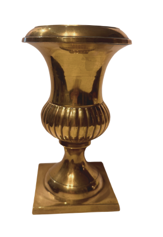 Close-up of a full front view of a polished brass Neoclassical urn featuring a wide flared rim, smooth tapered neck, rounded fluted lower body, and pedestal foot resting on a square base. The reflective gold-tone finish shows minor scratches and natural patina.