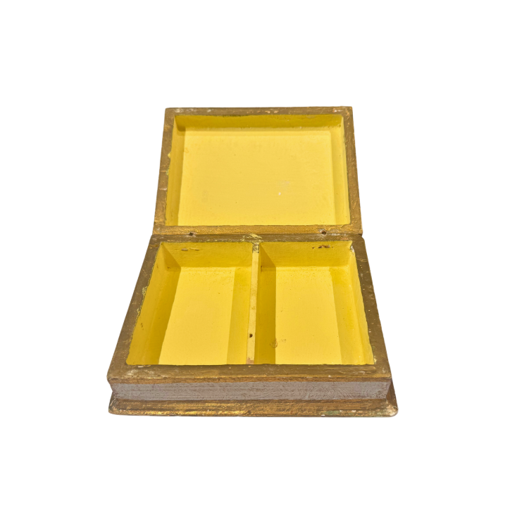  Open Interior: Open vintage Italian playing card box showing its bright yellow-painted interior, two divided lower compartments, and a single recessed compartment inside the hinged lid.