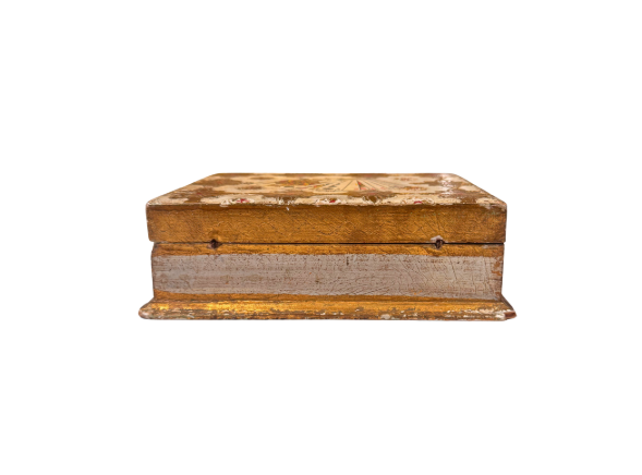 Alternate Side View: Side profile of a vintage Italian playing card box featuring a hinged lid, gold-toned trim, and a distressed painted finish.