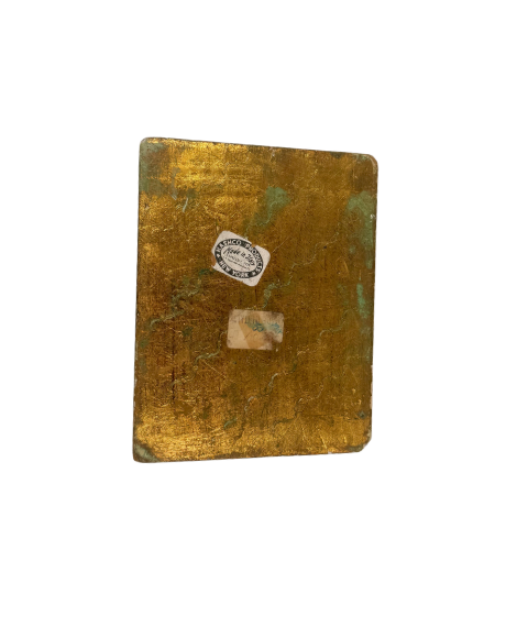 Underside and Label: Underside of a vintage Italian Florentine box with a worn gold-painted surface and an original A. Ashco Products, New York, Made in Italy distributor's label.