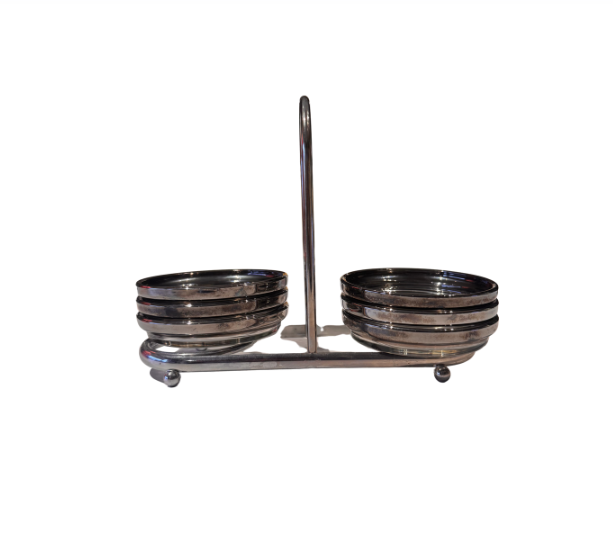 Vintage Mid-Century Modern silver fade glass coaster set featuring six stacked round coasters in a silver-tone metal holder with a tall central handle.