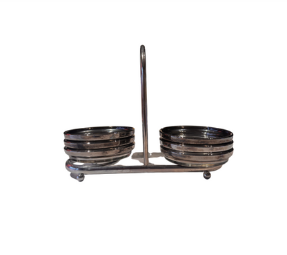 Vintage Mid-Century Modern silver fade glass coaster set featuring six stacked round coasters in a silver-tone metal holder with a tall central handle.