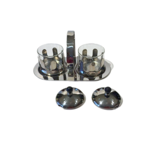 Michael Graves cream and sugar set with lids removed, showing the two glass inserts inside their chrome holders.