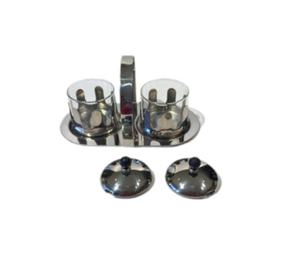 Michael Graves cream and sugar set with lids removed, showing the two glass inserts inside their chrome holders.