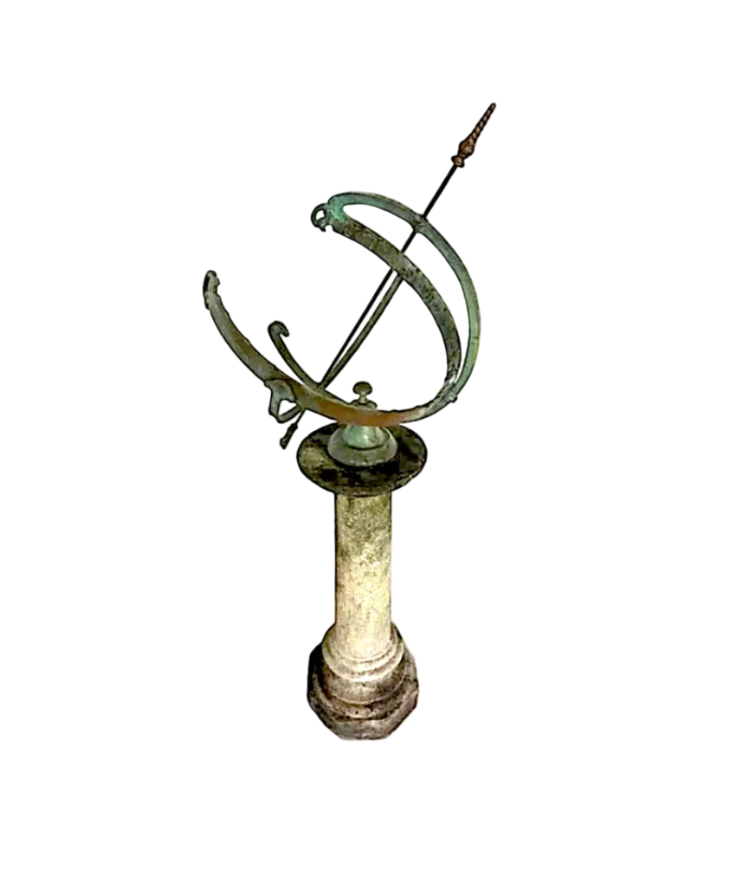 Antique bronze armillary sundial with verdigris rings and an arrow gnomon atop a pale stone column pedestal