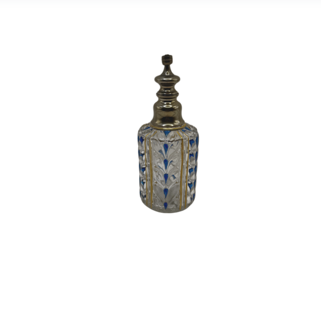 Antique Baccarat blue-and-gold cut crystal perfume bottle, front view with faceted stopper in place