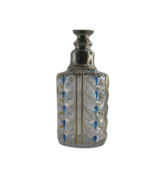 Antique Baccarat perfume bottle, faceted crystal body with blue teardrop and gold leaf accents, stopper removed