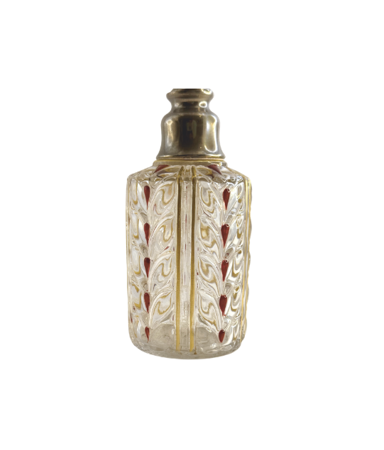 Baccarat crystal perfume bottle with red and gilt leaf panels and brass collar cap, front view