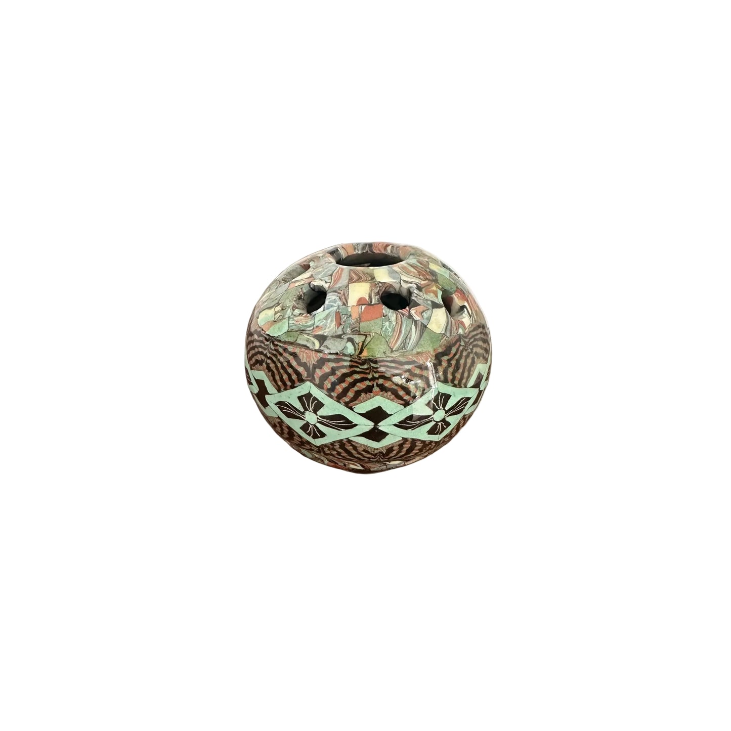 Jean Gerbino spherical mosaic flower-frog vase, side view, with a green band and pierced top holes