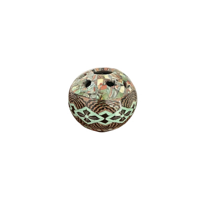 Jean Gerbino spherical mosaic flower-frog vase, side view, with a green band and pierced top holes