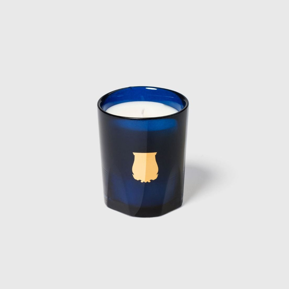 Trudon Salta petite candle, blue glass tumbler with gold Trudon crest, grapefruit essence
