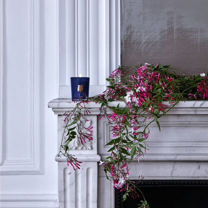 Trudon Reggio petite candle lit on a white marble mantel with trailing pink jasmine