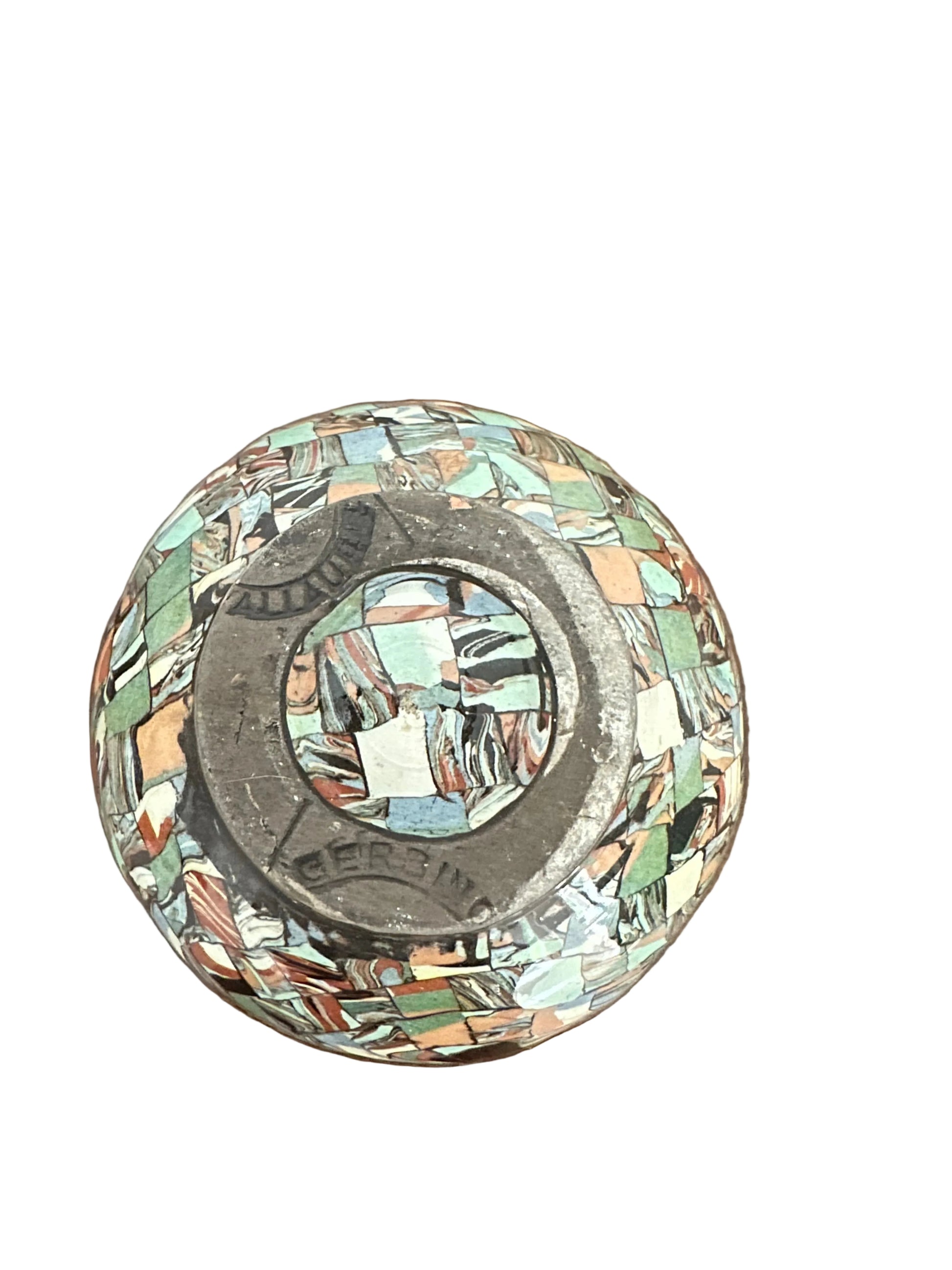 Underside of the spherical mosaic vase with the stamped 'Vallauris Gerbino' maker's mark