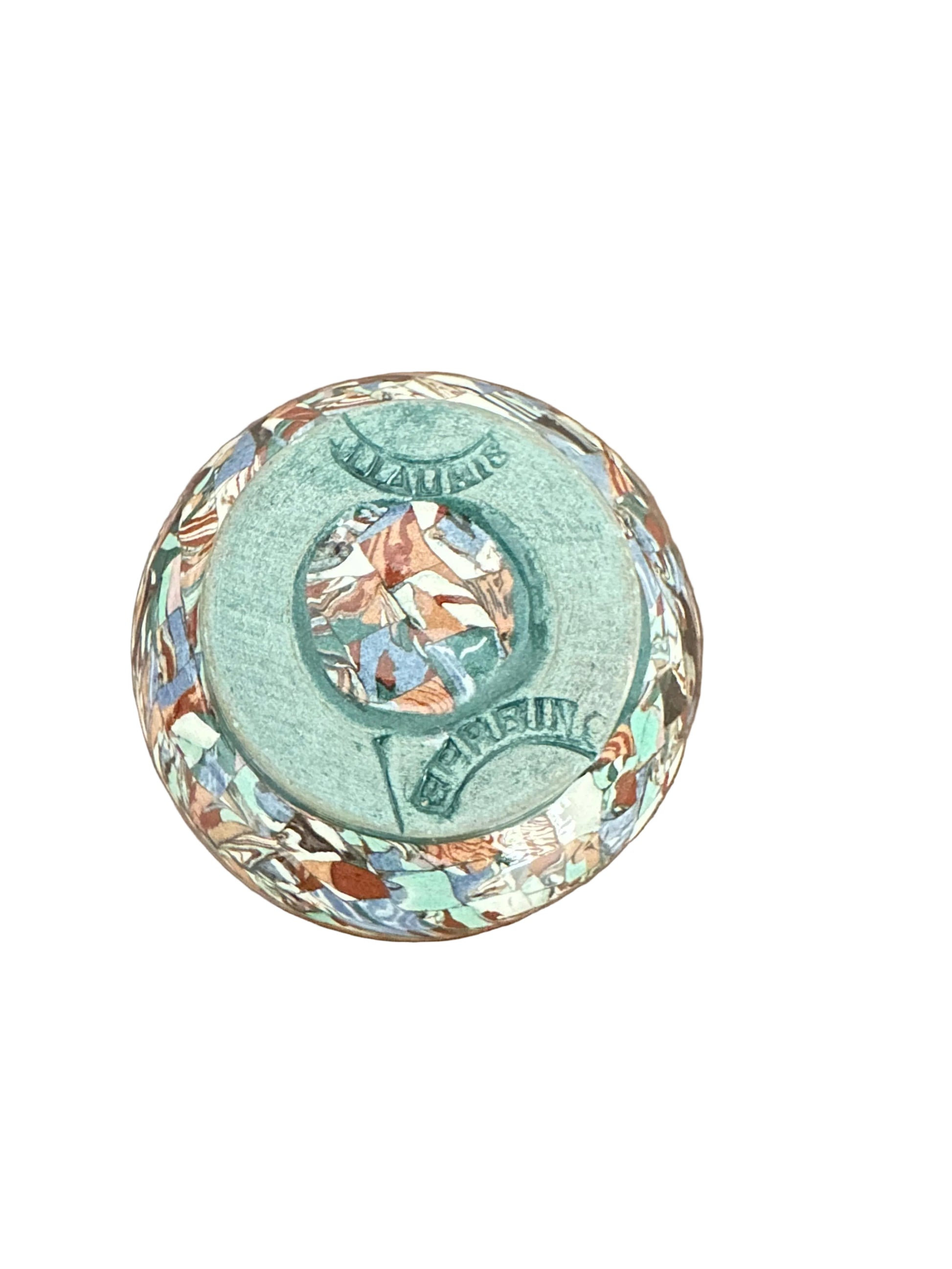 Underside of the Jean Gerbino vase with the stamped 'Vallauris Gerbino' maker's mark on a green glazed base