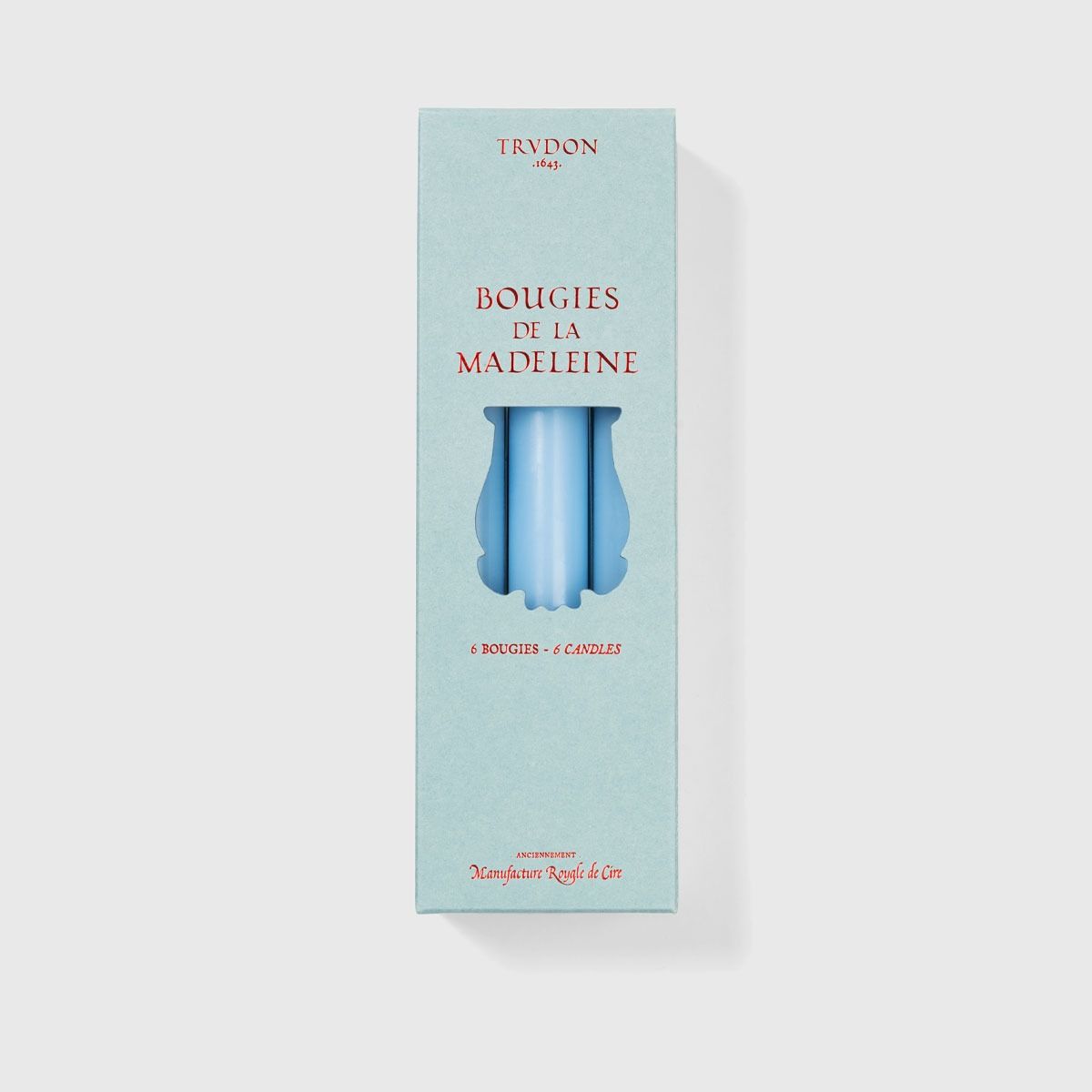 Trudon Madeleine taper candles in skye blue, box of 6 in pale blue Trudon packaging