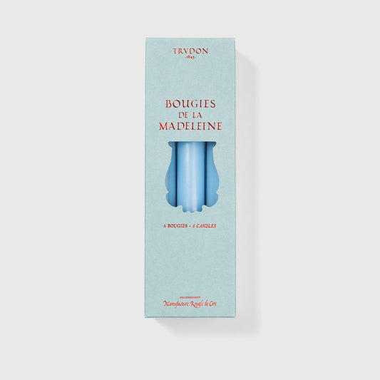 Trudon Madeleine taper candles in skye blue, box of 6 in pale blue Trudon packaging