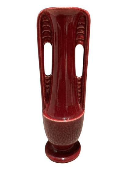 Vintage Shawnee burgundy vase, view showing the open pierced side handles