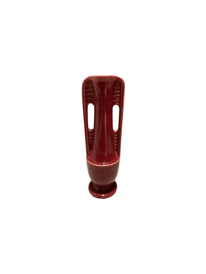 Vintage Shawnee burgundy pottery Art Deco vase, front view with pierced handles and ribbed base