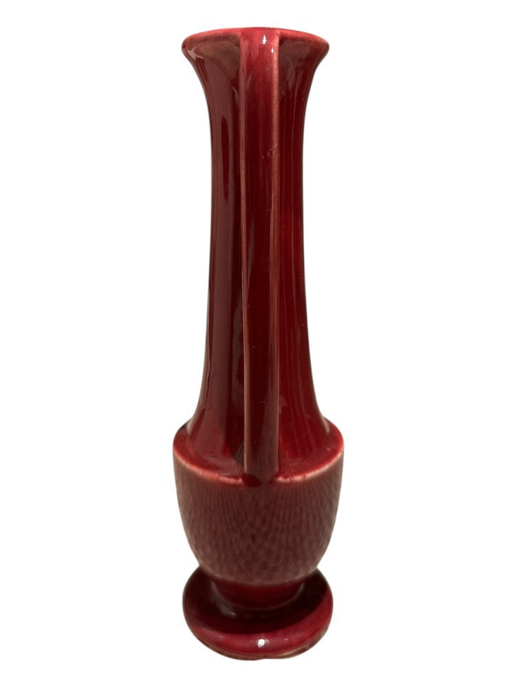 Vintage Shawnee burgundy vase, view of the slender fluted neck and textured lower body